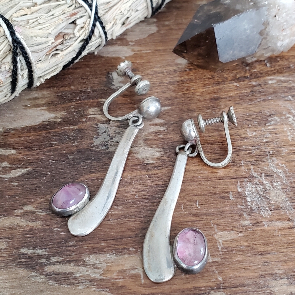 vintage sterling silver 925 pink clip drop boho earrings